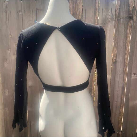 For Love & Lemons Crop Top Blouse Black Balloon Sleeves Gold Stars size small - Picture 3 of 11